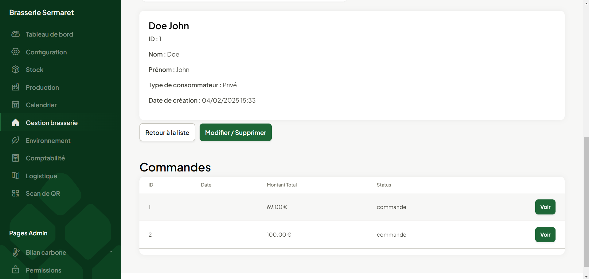 Détails de gestion des clients
